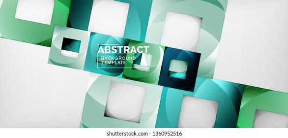 Abstract geometric background. Glossy square shapes composition on grey, minimalistic style template with copyspace. Vector design