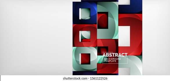 Abstract geometric background. Glossy square shapes composition on grey, minimalistic style template with copyspace. Vector design