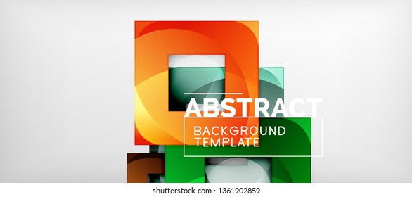 Abstract geometric background. Glossy square shapes composition on grey, minimalistic style template with copyspace. Vector design