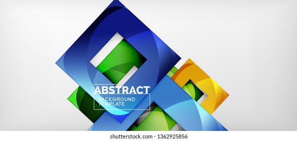 Abstract geometric background. Glossy square shapes composition on grey, minimalistic style template with copyspace. Vector design