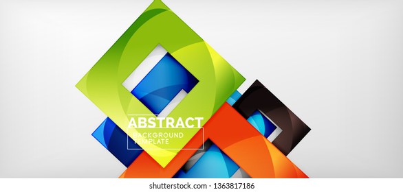 Fondo geométrico abstracto. Composición de formas cuadradas brillantes sobre una plantilla de estilo gris y minimalista con espacio de copia. Diseño de vectores