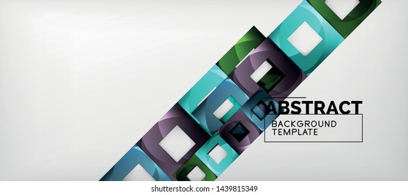 Abstract geometric background. Glossy square shapes composition on grey, minimalistic style template with copyspace. Vector design