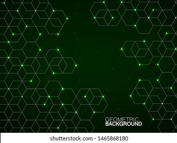 Abstract geometric background with glowing cubes. Geometrical concept with neon lines and points