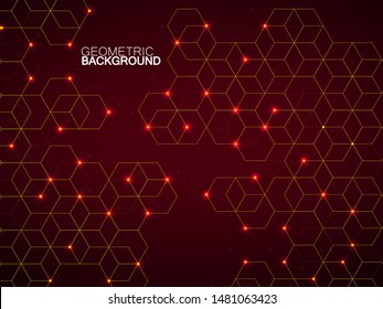 Abstract geometric background with glowing cubes. Geometrical concept with neon lines and points