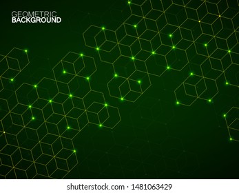 Abstract geometric background with glowing cubes. Geometrical concept with neon lines and points