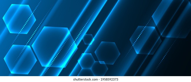 Abstract geometric background. Glowing hexagons and diagonal lines on a blue gradient background.