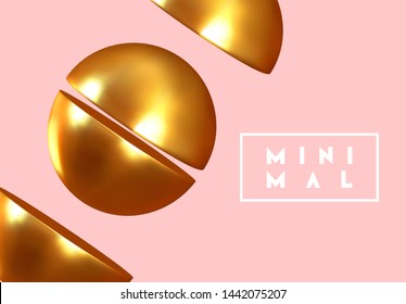 Abstract geometric background with gold ball and spheres. Minimal trendy poster and banner. Realistic golden metallic round and semicircular shapes of objects. 3d design elements. Backdrop geometry.