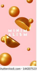 Abstract geometric background with gold ball and spheres. Minimal trendy poster and banner. Realistic golden metallic round and semicircular shapes of objects. 3d design elements. Backdrop geometry.