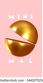 Abstract geometric background with gold ball and spheres. Minimal trendy poster and banner. Realistic golden metallic round and semicircular shapes of objects. 3d design elements. Backdrop geometry.