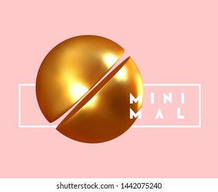 Abstract geometric background with gold ball and spheres. Minimal trendy poster and banner. Realistic golden metallic round and semicircular shapes of objects. 3d design elements. Backdrop geometry.