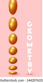 Abstract geometric background with gold ball and spheres. Minimal trendy poster and banner. Realistic golden metallic round and semicircular shapes of objects. 3d design elements. Backdrop geometry.
