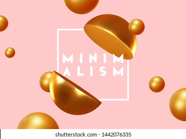 Abstract geometric background with gold ball and spheres. Minimal trendy poster and banner. Realistic golden metallic round and semicircular shapes of objects. 3d design elements. Backdrop geometry.