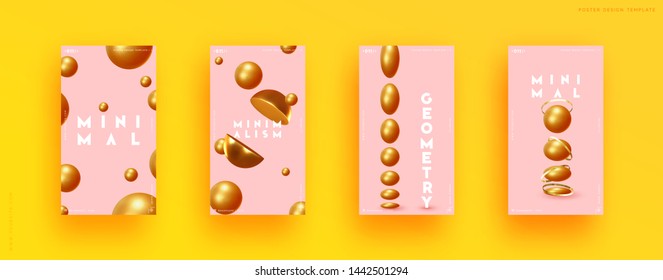Abstract geometric background with gold ball and spheres. Minimal trendy poster and banner. Realistic golden metallic round and semicircular shapes of objects. 3d design elements. Backdrop geometry.