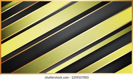 Abstract geometric background. Gold and black glowing diagonal lines. Soft gradients and shadows. Stylish modern illustration. Minimal design. Template for banners, websites, printing.