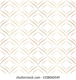 Abstract geometric background gold lines. Art deco. Thin fan tiles seamless pattern. Elegant golden fishnet. Graphic lattice backdrop. Modern stylish texture. Exquisite subtle wallpaper, gift  wrapper