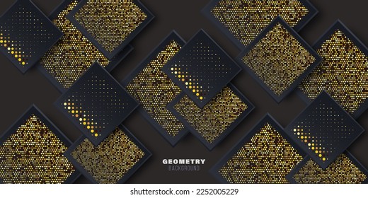 Resumen de fondo geométrico con medio tono dorado y elementos cuadrados con sombra, afiche, plantilla de folleto