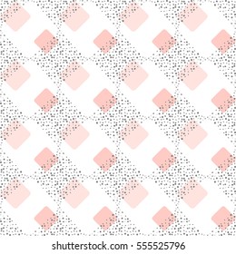 Abstract geometric background. Gray spots and pink diamond shapes on white. Vector seamless pattern. 