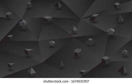 Abstract Geometric Background with gray geometric volumetric figures. High Saturated Gradients. Different Geometrical Shapes 