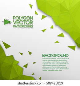 Abstract geometric background with green corners formed from polyhedrons and triangular chips on white vector illustration
