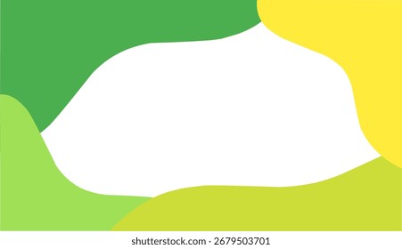 Fondo geométrico Abstractas con Formas fluidas verdes, amarillas y blancas. Diseño minimalista con espacio vacío en el centro, perfecto para Anuncio, póster, flyer, presentación o Plantilla publicitaria.