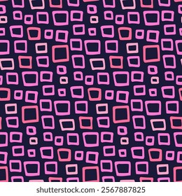 Abstract geometric background. Hand drawn squares for seamless pattern. Pink simple rectangular elements on dark blue purple backdrop. Texture for modern wallpaper, fabric, textile, clothing design.