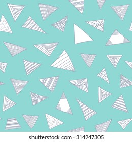 Abstract geometric background with hand drawn black and white triangles set. Vector seamless modern pattern.