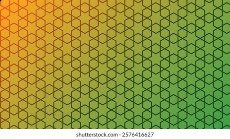Abstract geometric background with hexagonal pattern and gradient color transition from orange to green. Suitable for design, decoration, and textile.