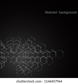Abstract geometric background. Hexagons of lines and dots on a black background. Vector illustration.