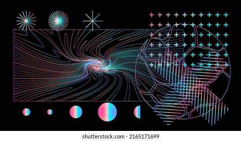 Abstract geometric background with holographic colorful wavy and glitched lines and shapes.