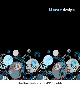 Abstract geometric background. Horizontal seamless border stripe design. Black blue gray hand drawn intersecting outline circles elegant ornament in black background. Vector element of graphic design.