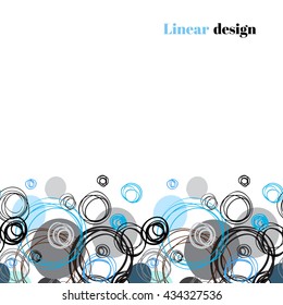 Abstract geometric background. Horizontal seamless border stripe design. Black blue gray hand drawn intersecting outline circles elegant ornament in white background. Vector element of graphic design.
