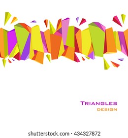 Abstract geometric background. Horizontal triangles, geometric shapes border design. Orange, yellow, green, purple geometric abstract triangles border design in white background. Vector illustration.
