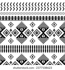 Abstract geometric background illustration with ethnic pixel style. Seamless pattern of Aztec Navajo tribal. Design for fabric, textile, clothing, carpet, ikat, batik, embroidery. Black and white.