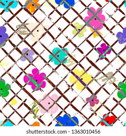 abstract geometric background illustration, with paint strokes, splashes and little flowers, seamless