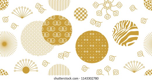 	
Abstract geometric background with Japanese art motifs. Seamless white and golden pattern with flowers, fans, dotted circles and other elements.