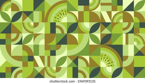 Abstract geometric background with kiwi fruit in Bauhaus style. Texture with simple repeating shapes, mosaic retro wallpaper. Seamless pattern. Vector illustration.