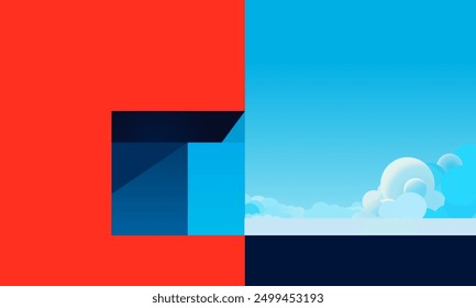Abstract geometric background. Landscape minimal background. Abstract geometric background with house, sea, sky and clouds. Vector background for traveling and adventure. Landscape minimal poster.