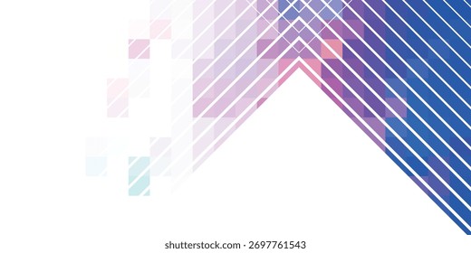An abstract geometric background with a large chevron shape pointing upwards. The design features a colorful gradient of blue, purple, and pink with a pattern of diagonal lines and pixels.