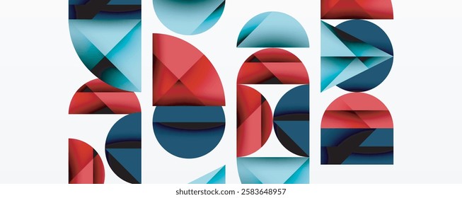 Abstract geometric background with layered gradient shapes forming dynamic patterns. Overlapping semi circles and triangles create depth and contrast