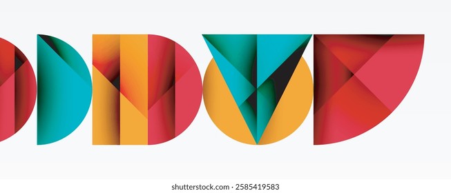 Abstract geometric background with layered gradient shapes forming dynamic patterns. Overlapping semi circles and triangles create depth and contrast