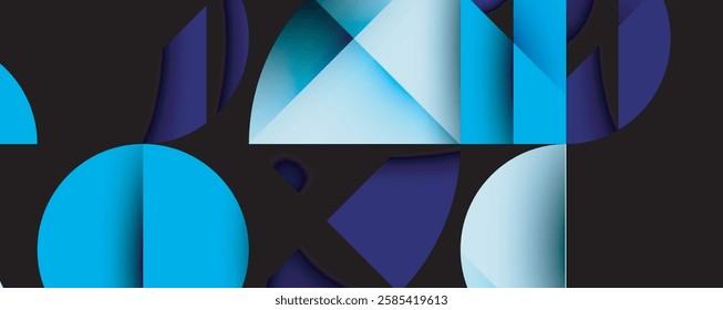 Abstract geometric background with layered gradient shapes forming dynamic patterns. Overlapping semi circles and triangles create depth and contrast