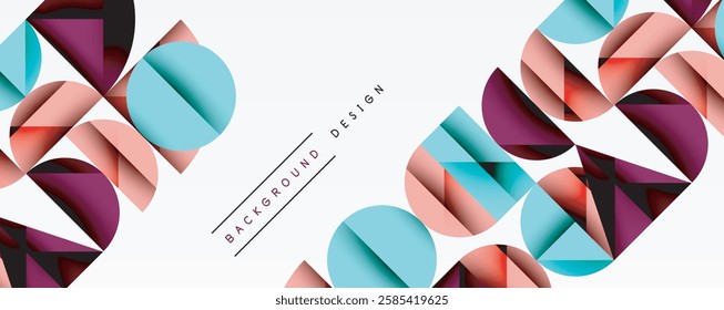 Abstract geometric background with layered gradient shapes forming dynamic patterns. Overlapping semi circles and triangles create depth and contrast