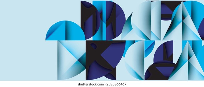 Abstract geometric background with layered gradient shapes forming dynamic patterns. Overlapping semi circles and triangles create depth and contrast