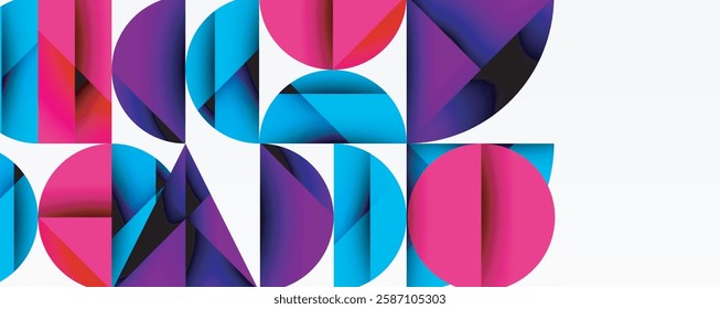 Abstract geometric background with layered gradient shapes forming dynamic patterns. Overlapping semi circles and triangles create depth and contrast