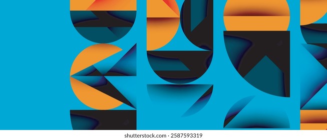 Abstract geometric background with layered gradient shapes forming dynamic patterns. Overlapping semi circles and triangles create depth and contrast