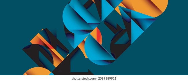 Abstract geometric background with layered gradient shapes forming dynamic patterns. Overlapping semi circles and triangles create depth and contrast