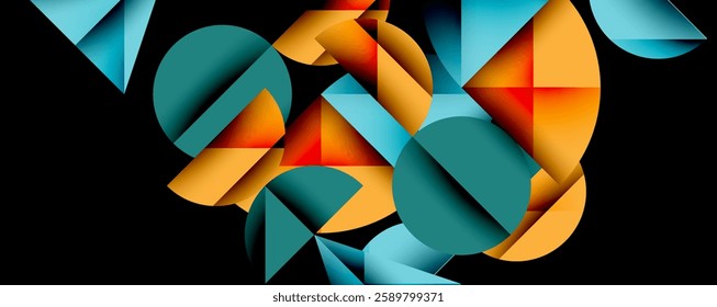 Abstract geometric background with layered gradient shapes forming dynamic patterns. Overlapping semi circles and triangles create depth and contrast