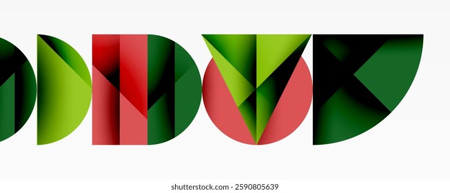 Abstract geometric background with layered gradient shapes forming dynamic patterns. Overlapping semi circles and triangles create depth and contrast