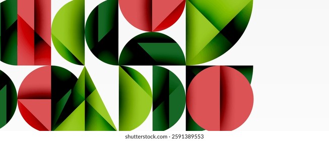 Abstract geometric background with layered gradient shapes forming dynamic patterns. Overlapping semi circles and triangles create depth and contrast