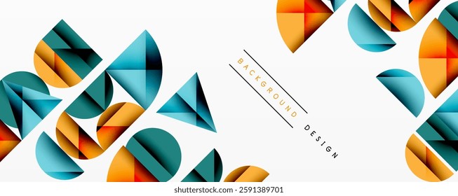 Abstract geometric background with layered gradient shapes forming dynamic patterns. Overlapping semi circles and triangles create depth and contrast